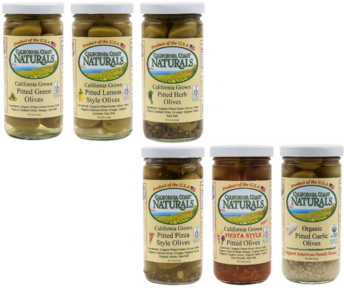Pitted Olive Variety 6 Pack (Green, Lemon, Herb. Pizza, Fiesta, Garlic)