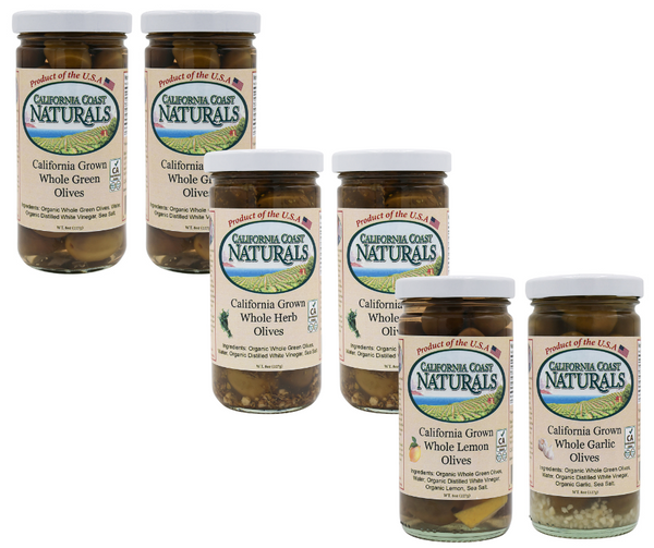Whole Olive Variety 6 Pack (2x Green, 2x Herb, 1x Lemon, 1x Garlic